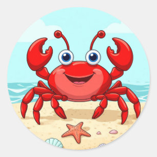 Cheerful Red Cartoon Crab Cute Seashell Kids🦀 Classic Round Sticker