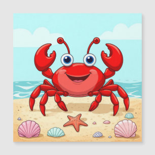 Cheerful Red Cartoon Crab on a Beach with Seashell