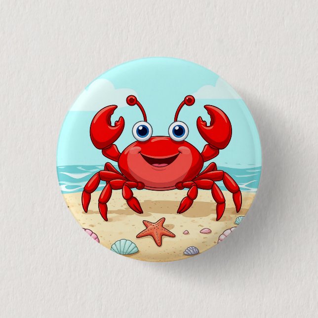 Cheerful Red Cartoon Crab on a Beach with Seashell 3 Cm Round Badge (Front)