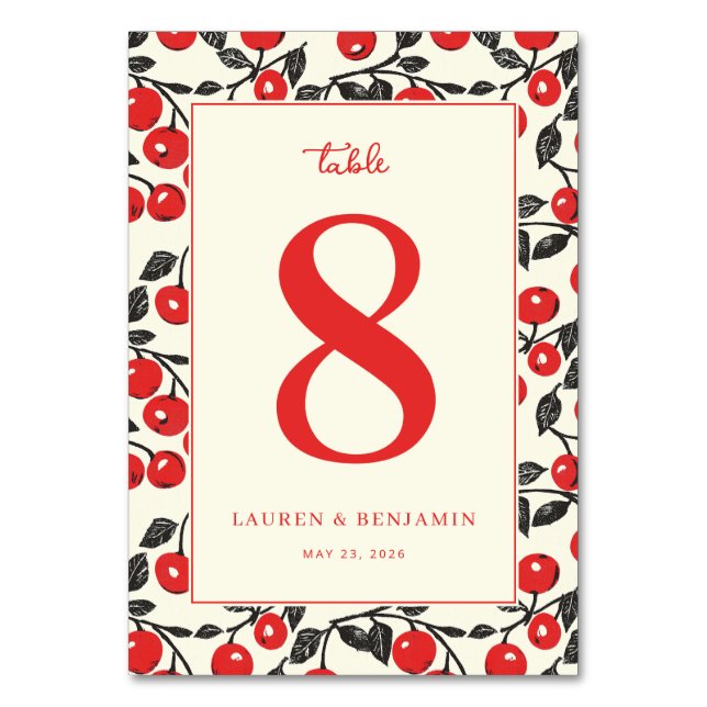 Cheerful Red Cherry Border Table Number (Front)