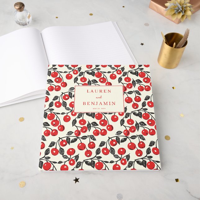 Cheerful Red Cherry Illustration Guest Book (Front Open)