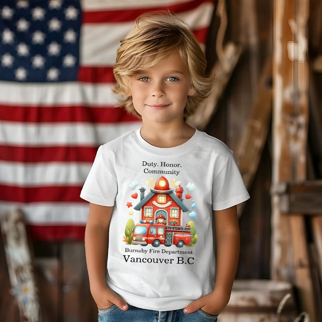 Cheerful red fire station and truck T-Shirt (Creator Uploaded)