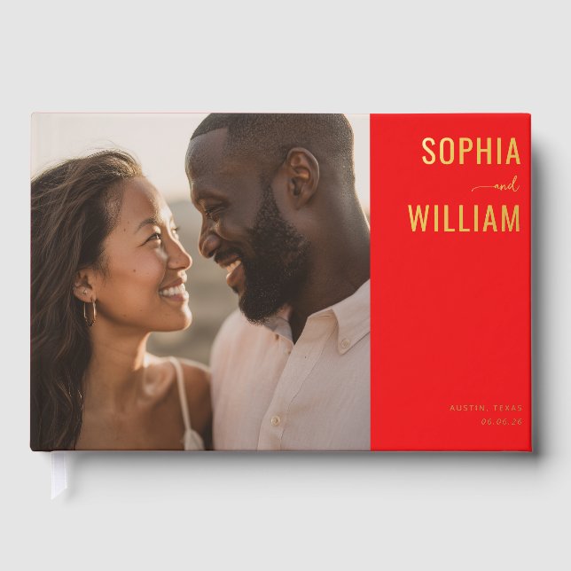 Cheerful Red Minimalist Photo Guest Book (Front)