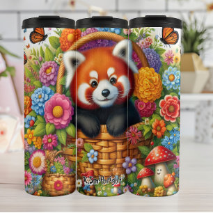 Cheerful Red Panda in Basket Thermal Tumbler