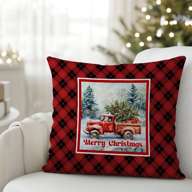 Cheerful red truck Christmas scene rustic bold  Cushion (Cheerful red truck Christmas scene rustic bold pillow joy

)