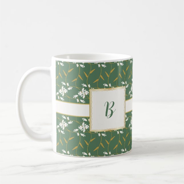 Cheerful Regal Floral Green Monogram Coffee Mug (Left)