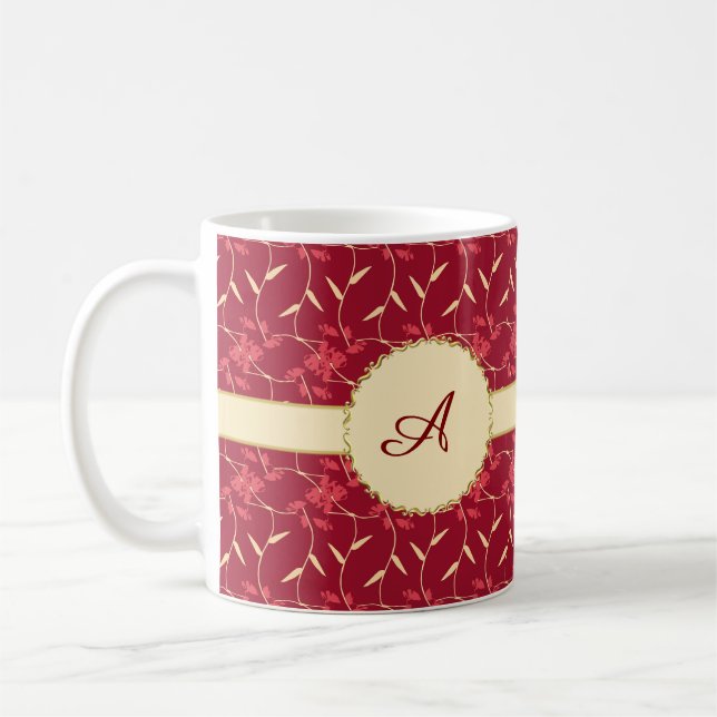 Cheerful Regal Floral Red Monogram Coffee Mug (Left)