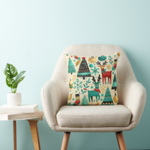 Cheerful Reindeer and Christmas Trees Cushion