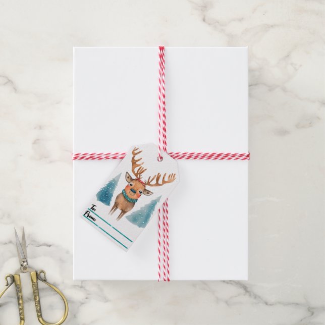 Cheerful reindeer Christmas gift tag design idea (With Twine)