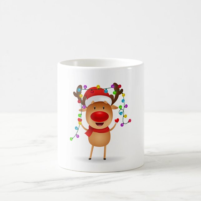 Cheerful Reindeer  Coffee Mug (Illustration of a reindeer wearing a red Santa hat and scarf.)