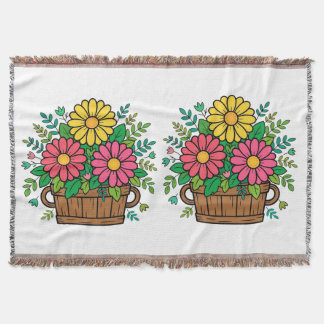 Cheerful Retro Floral Wooden Planter Throw Blanket