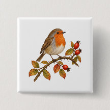 Cheerful Robin with Rose Hips and Autumn Leaves