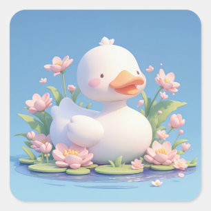 Cheerful Round Clay Duckling Square Sticker