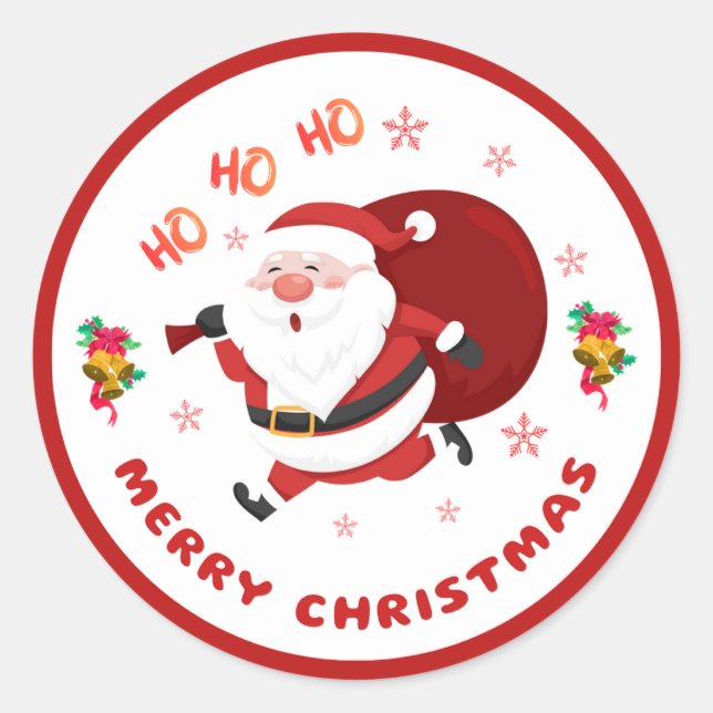 Cheerful Running Santa Merry Christmas Round Stick Classic Round Sticker (Front)
