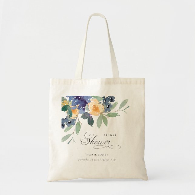 Cheerful Rustic Yellow Blue Floral Bridal Shower Tote Bag (Front)