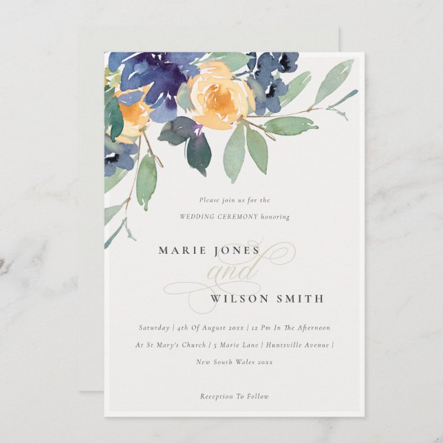 Cheerful Rustic Yellow Blue Floral Wedding Invite (Front/Back)