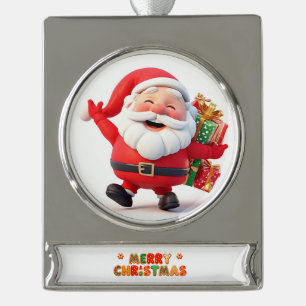 Cheerful Santa Claus Carrying Festive Gifts Silver Plated Banner Ornament