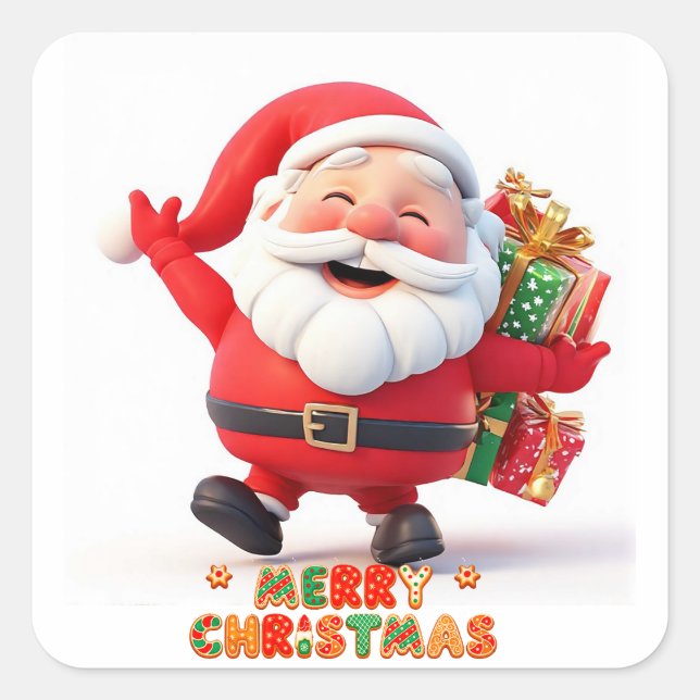 Cheerful Santa Claus Carrying Festive Gifts Square Sticker (Front)