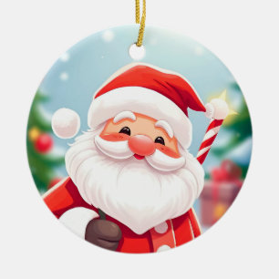 Cheerful Santa Claus Holding a Candy Cane Ceramic Ornament