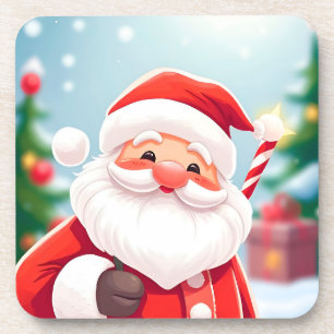 Cheerful Santa Claus Holding a Candy Cane Coaster