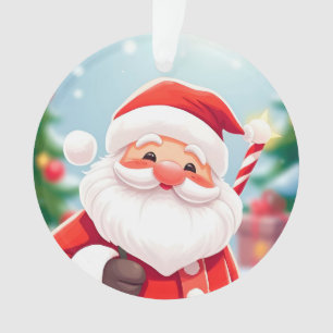 Cheerful Santa Claus Holding a Candy Cane Ornament