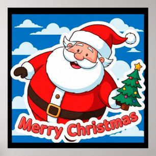 Cheerful Santa Claus Holding a Tiny Christmas Tree Poster