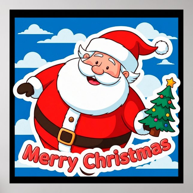 Cheerful Santa Claus Holding a Tiny Christmas Tree Poster (Front)