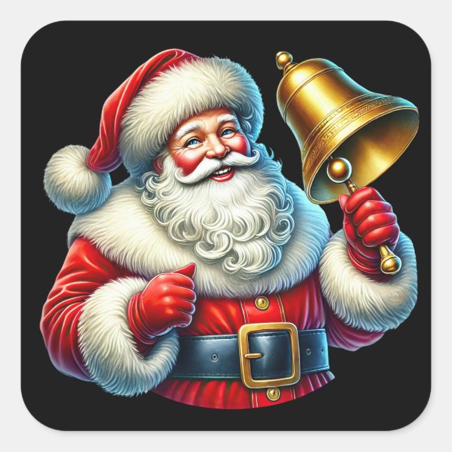 Cheerful Santa Claus Ringing a Christmas Bell Bk Square Sticker (Front)