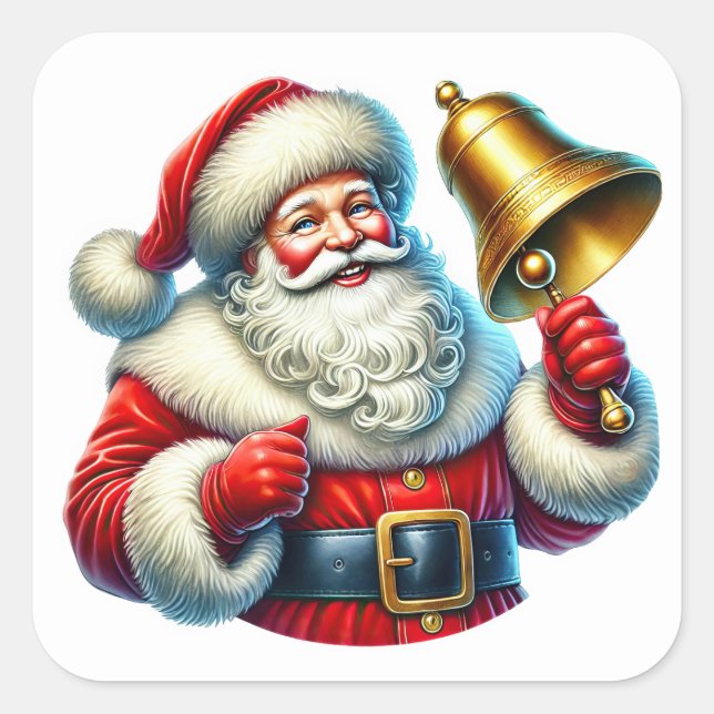 Cheerful Santa Claus Ringing a Christmas Bell Square Sticker (Front)