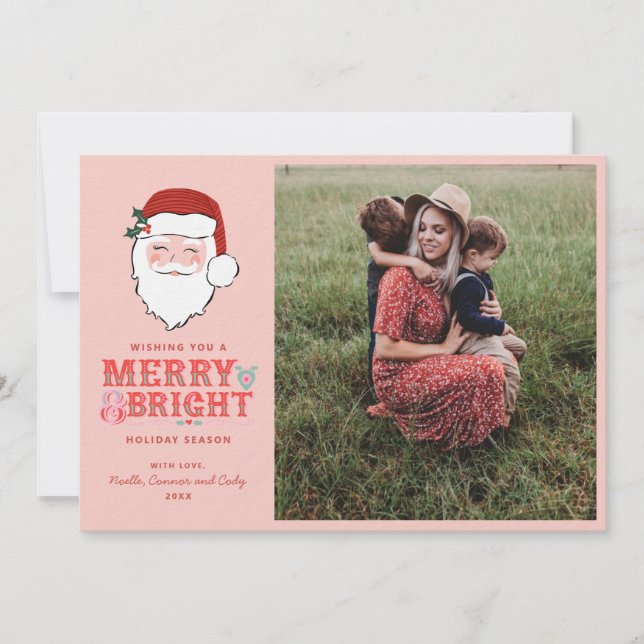 Cheerful Santa Face | Merry & Bright  | Photo  Holiday Card (Front)