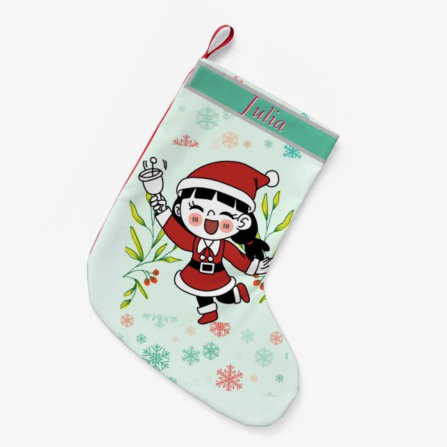 Cheerful Santa Girl Small Christmas Stocking (Front (Hanging))