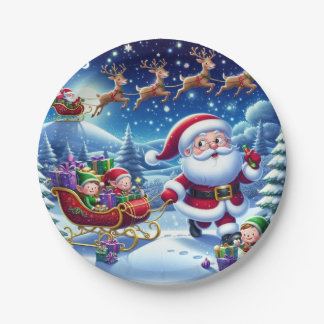 Cheerful Santa with Sleigh and Elves Christmas Paper Plate
