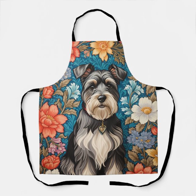 Cheerful Schnauzer William Morris Inspired Floral Apron (Front)