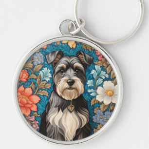 Cheerful Schnauzer William Morris Inspired Floral Key Ring