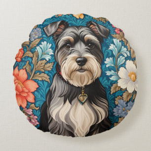 Cheerful Schnauzer William Morris Inspired Floral Round Cushion