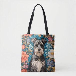 Cheerful Schnauzer William Morris Inspired Floral Tote Bag