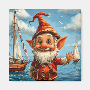 Cheerful Sea Gnome: Greeting at the Pier. Magnet