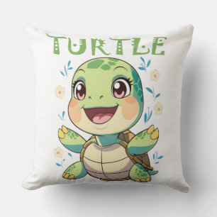 Cheerful Sea Turtle Character with Pastel Flowers Cushion