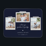 Cheerful Sentiments Snapshot Photo Magnet<br><div class="desc">Cheerful sentiments snapshot photo magnet. Features,  3 framed photos with scrapbook style washi tape accents,  two template text lines for your message,  names and year with heart detail in white on navy blue color background.</div>