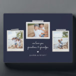 Cheerful Sentiments Snapshot Photo Plaque<br><div class="desc">Cheerful sentiments snapshot photo plaque. Features,  3 framed photos with scrapbook style washi tape accents,  two template text lines for your message and names with heart detail in white on navy blue colour background.</div>
