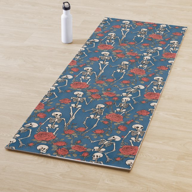 Cheerful Skeletons And Red Roses Denim Blue Yoga Mat (In Situ)