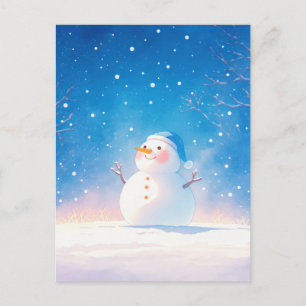 Cheerful Smiling Snowman in Winter Night Postcard
