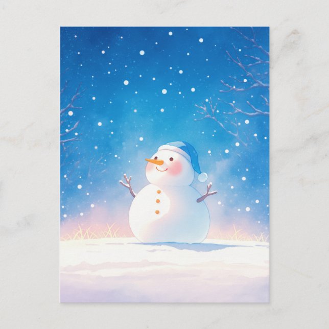 Cheerful Smiling Snowman in Winter Night Postcard (Front)