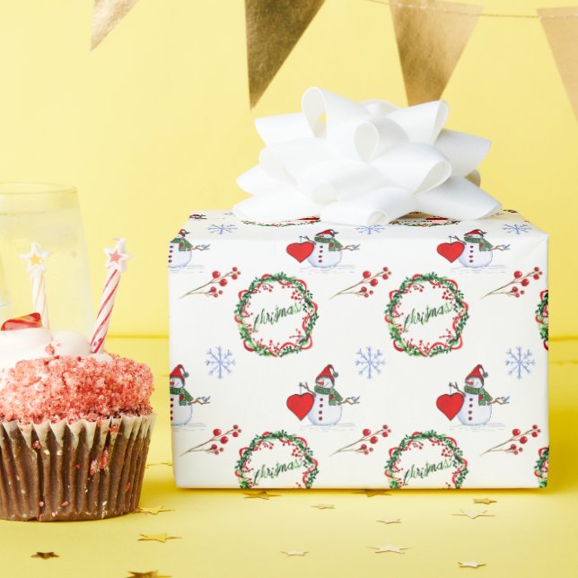 Cheerful snowman and festive wreaths pattern wrapping paper (Birthday Party)