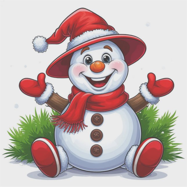Cheerful Snowman Dressed In Red With Hat (Front)