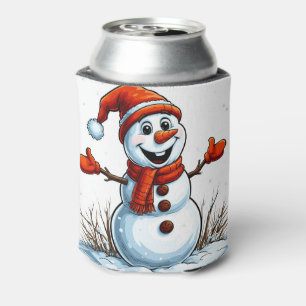 Cheerful Snowman Dressed in Winter Hat Can Cooler