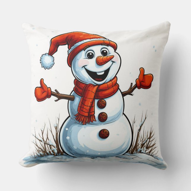 Cheerful Snowman Dressed in Winter Hat Cushion (Front)