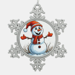 Cheerful Snowman Dressed in Winter Hat Snowflake Pewter Christmas Ornament