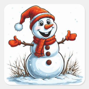 Cheerful Snowman Dressed in Winter Hat Square Sticker