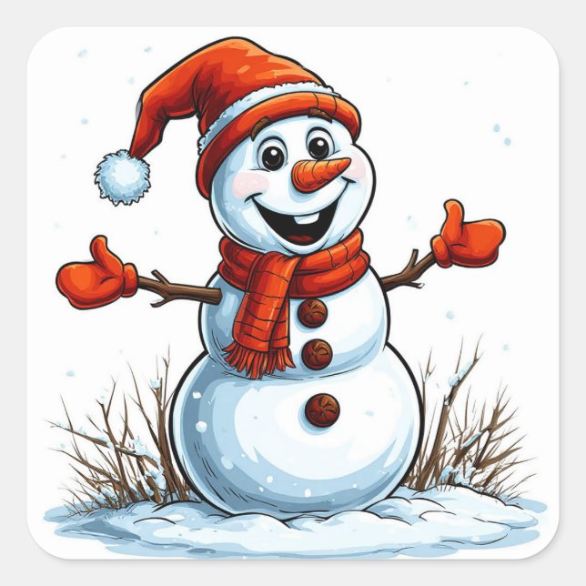 Cheerful Snowman Dressed in Winter Hat Square Sticker (Front)